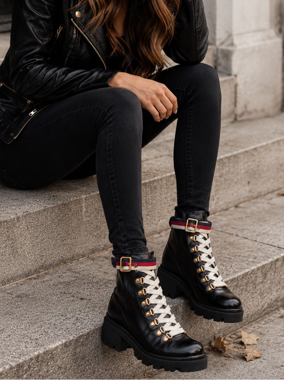 GUCCI Sylvie Web lace up Leather Ankle Combat Boots size 7